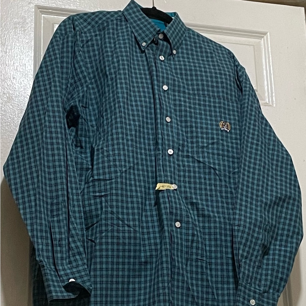 Cinch Men’s Large Contemporary Western Turquoise Plaid L/S Button Down Shirt